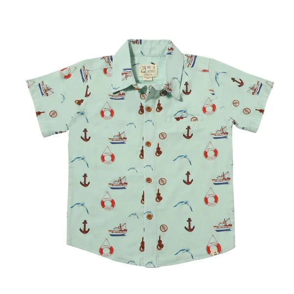 Maui Blue Nautical Print Button Down Shirt