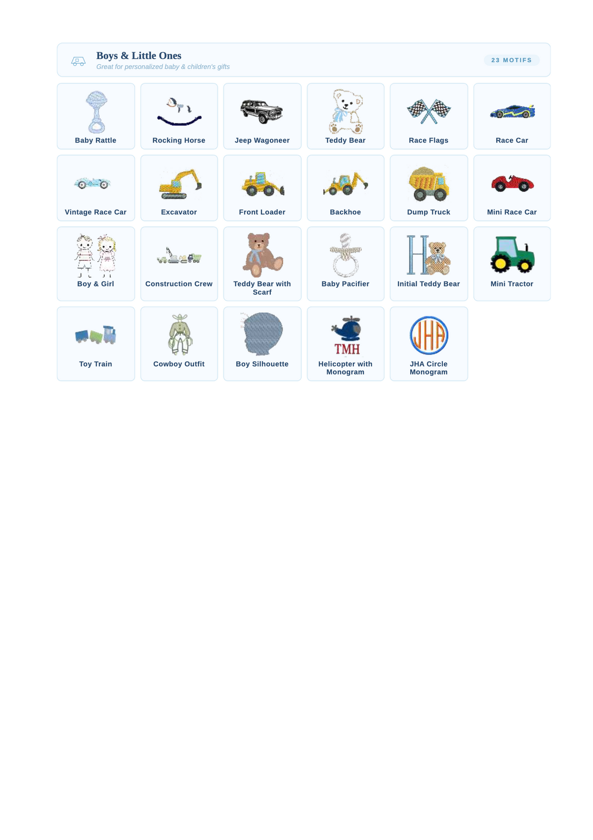 Bobbie's Shoppe embroidery guide: Boys & Little Ones motifs