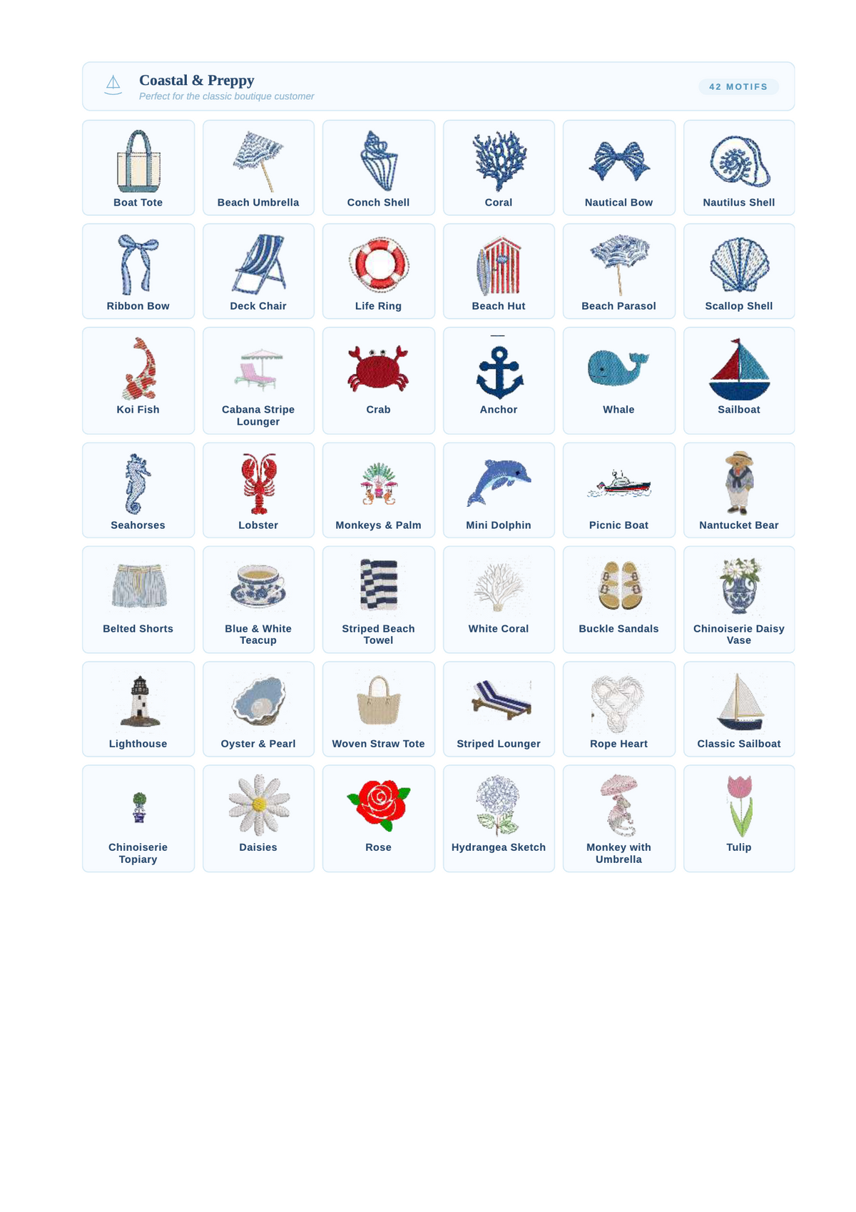 Bobbie's Shoppe embroidery guide: Coastal & Preppy motifs