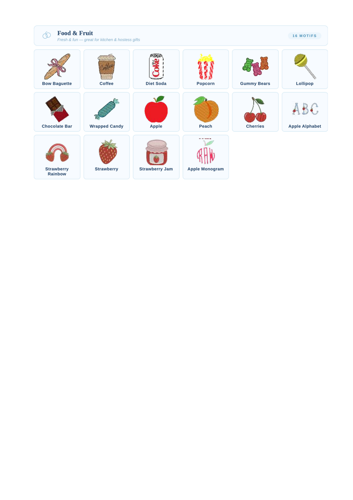 Bobbie's Shoppe embroidery guide: Food & Fruit motifs
