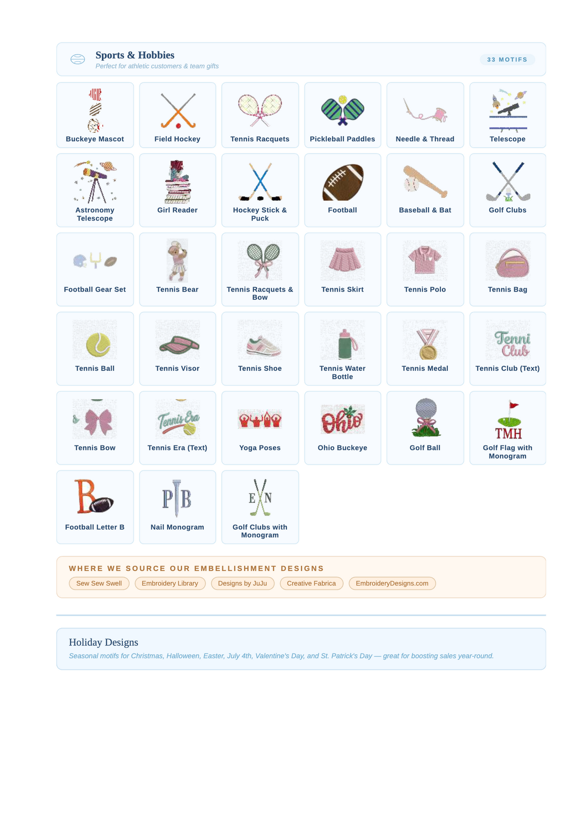Bobbie's Shoppe embroidery guide: Sports & Hobbies motifs