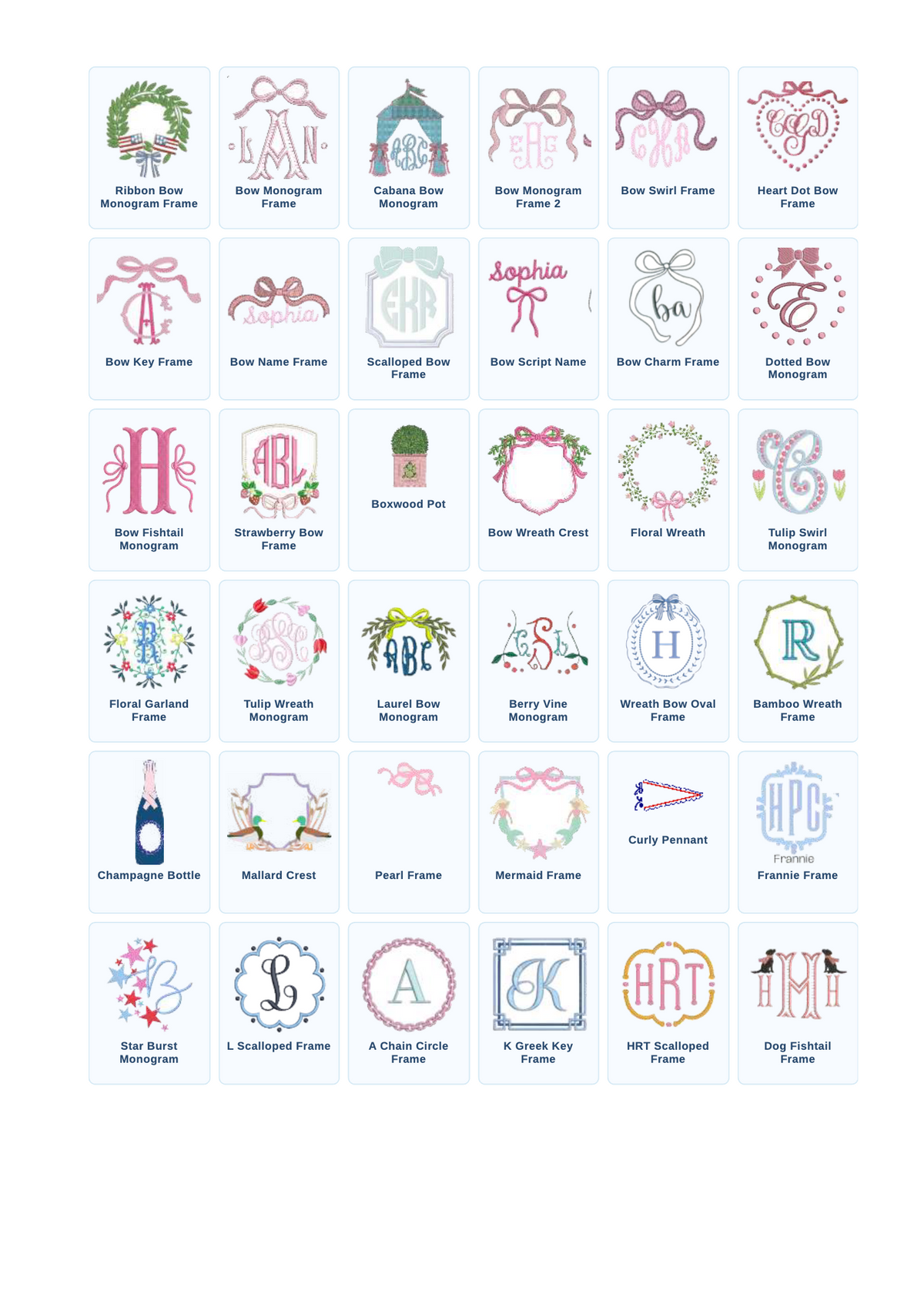 Bobbie's Shoppe embroidery guide: bow crests and monogram frames