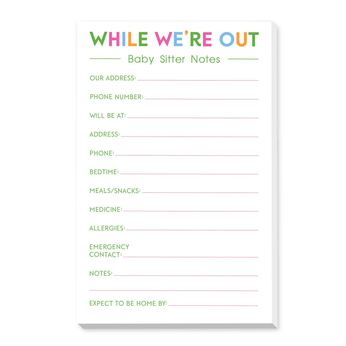 BABY SITTER NOTES PINK LARGE NOTEPAD