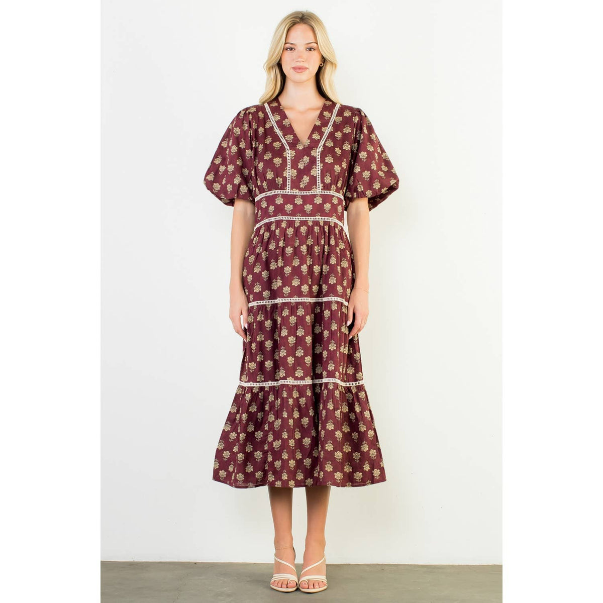 Puff Sleeve Tiered Print Dress