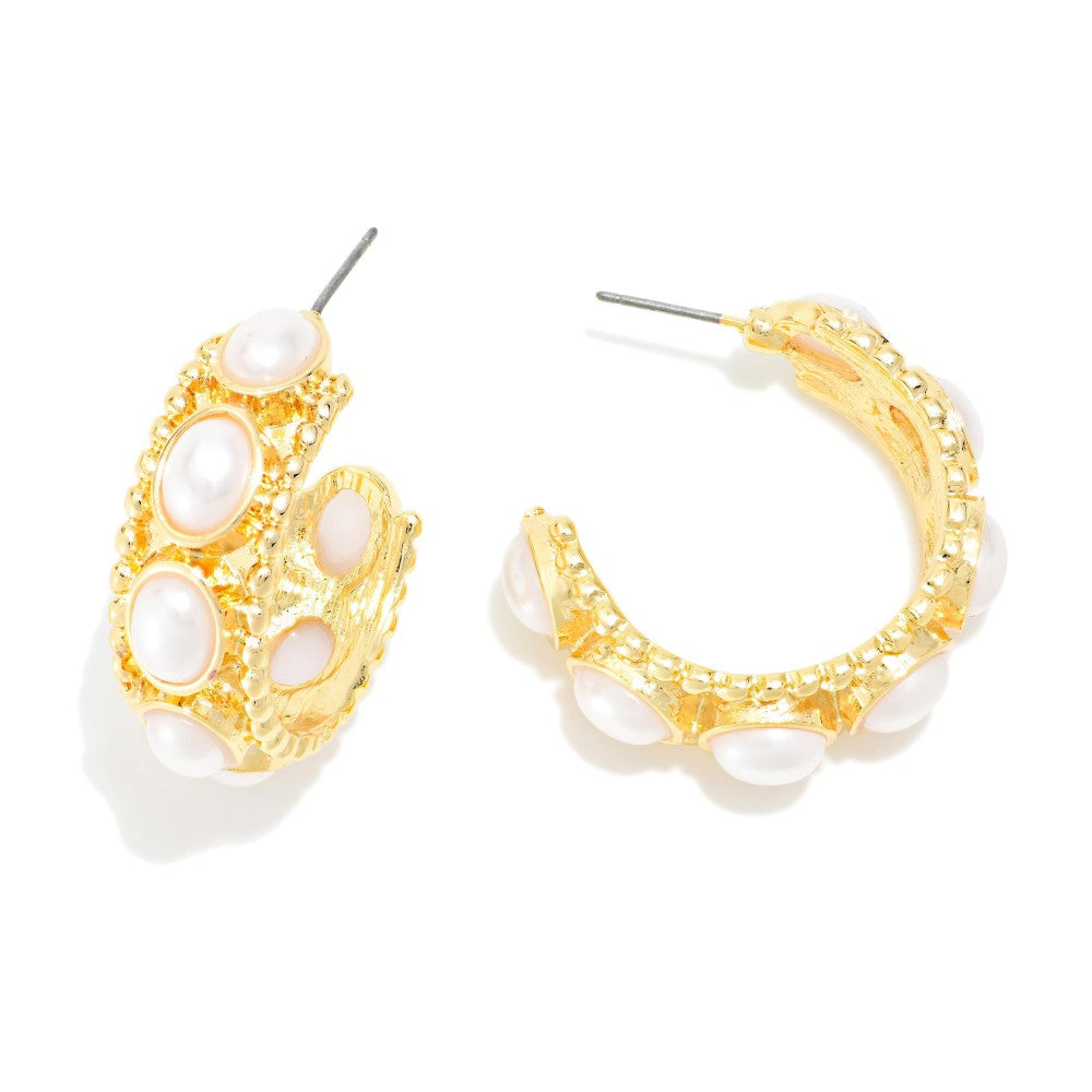 Pearl Studded Hoop Earrings With Scalloped Edges