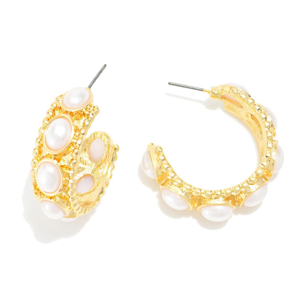 Pearl Studded Hoop Earrings With Scalloped Edges