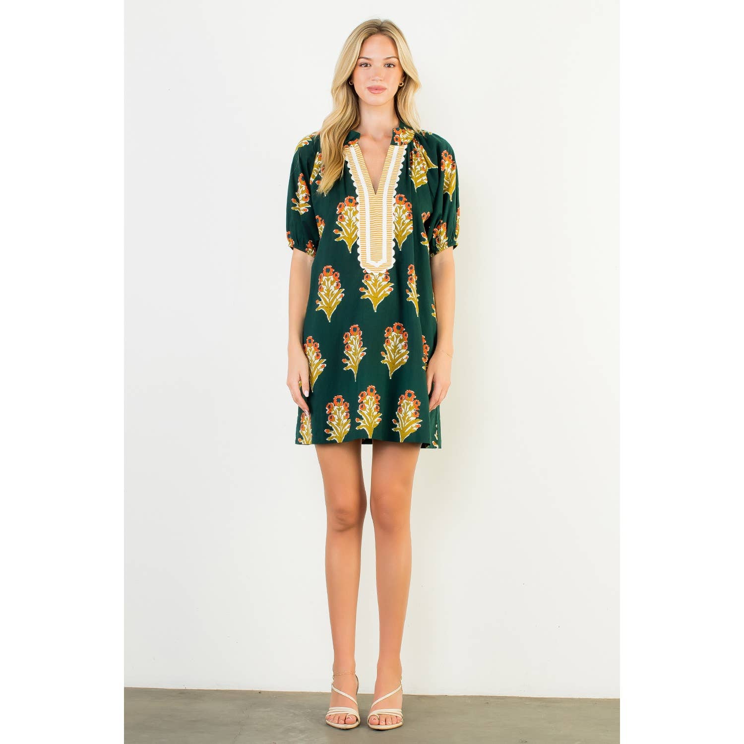 Floral Print V-Neck Striped Detail Dress