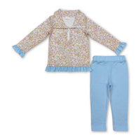 Pink floral pocket zip pullover pants girls clothing set