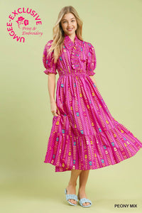Vibrant Ruffle Smocked Midi Dress
