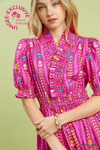 Vibrant Ruffle Smocked Midi Dress
