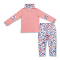 Pink floral pocket zip pullover pants girls clothing set