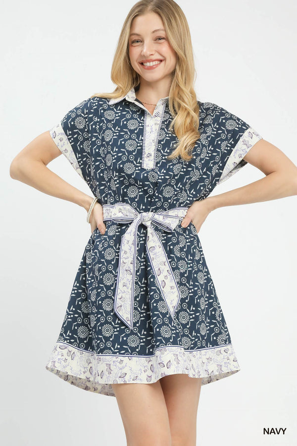 Border Print Belted Shirt Dress