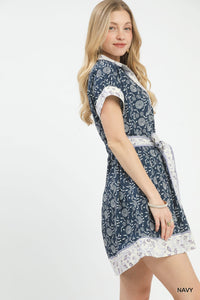 Border Print Belted Shirt Dress