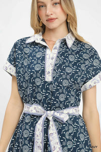 Border Print Belted Shirt Dress