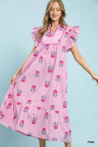 Stripe & Floral Flutter Midi Dress