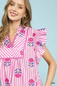 Stripe & Floral Flutter Midi Dress