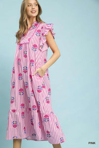 Stripe & Floral Flutter Midi Dress