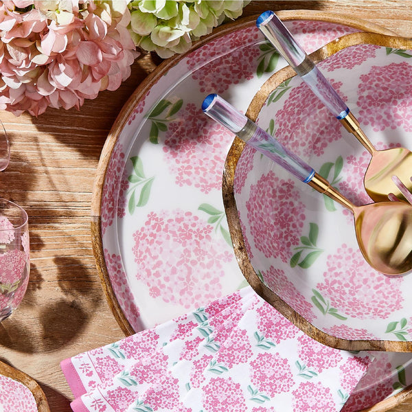 Pink Hydrangea Set of 2 Hand-Crafted Wood Round Tray