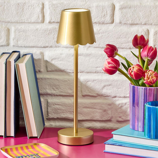 Gold LED Portable Cordless Table Lamp with Scalloped Edge Shade