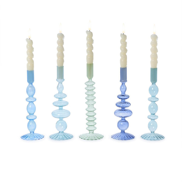 Blue Hand-Blown Glass Taper Candlestick Holder