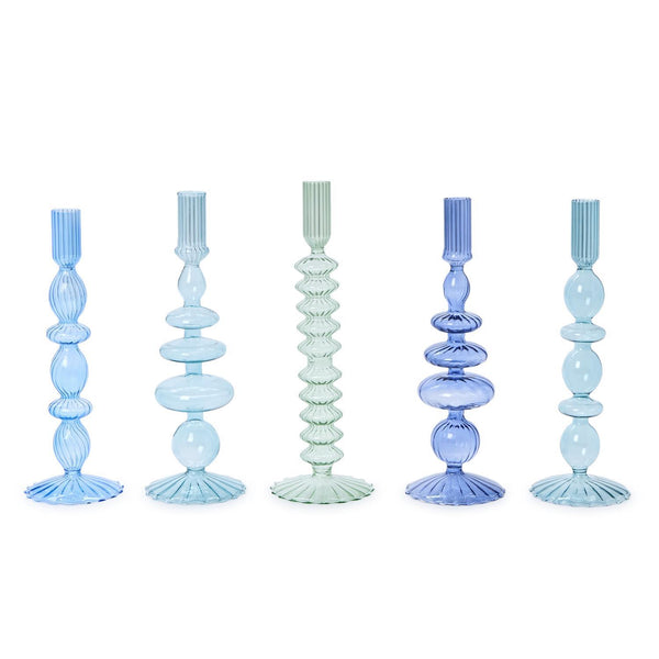 Blue Hand-Blown Glass Taper Candlestick Holder