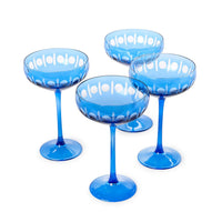 Sparkling Cut Blue Hand Engraved Coupe Glasses