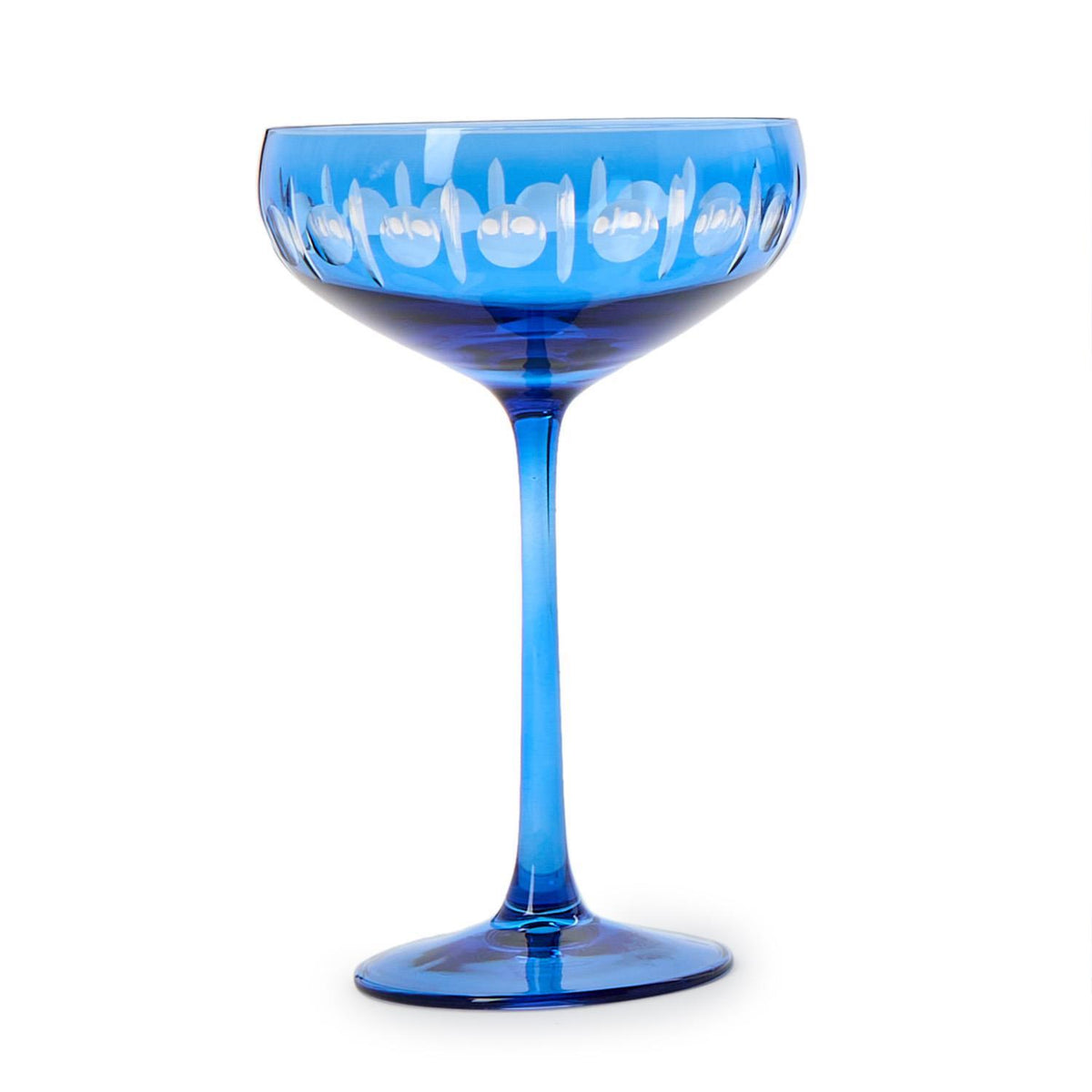 Sparkling Cut Blue Hand Engraved Coupe Glasses