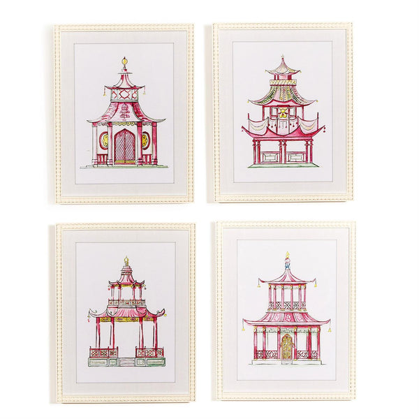 Pink Pagoda Set of 4 White Beaded Framed Wall Art Prints
