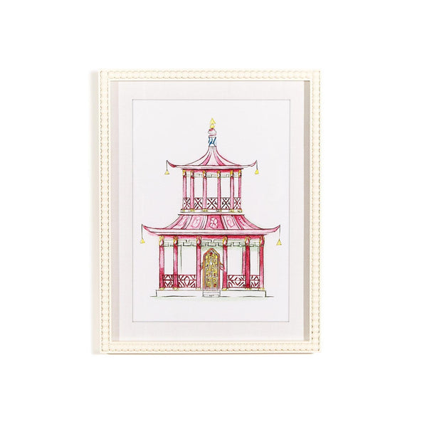 Pink Pagoda Set of 4 White Beaded Framed Wall Art Prints