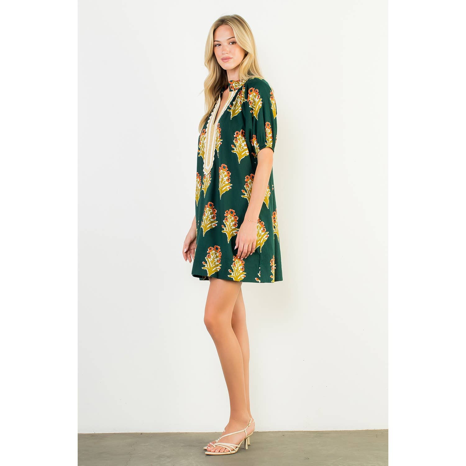 Floral Print V-Neck Striped Detail Dress