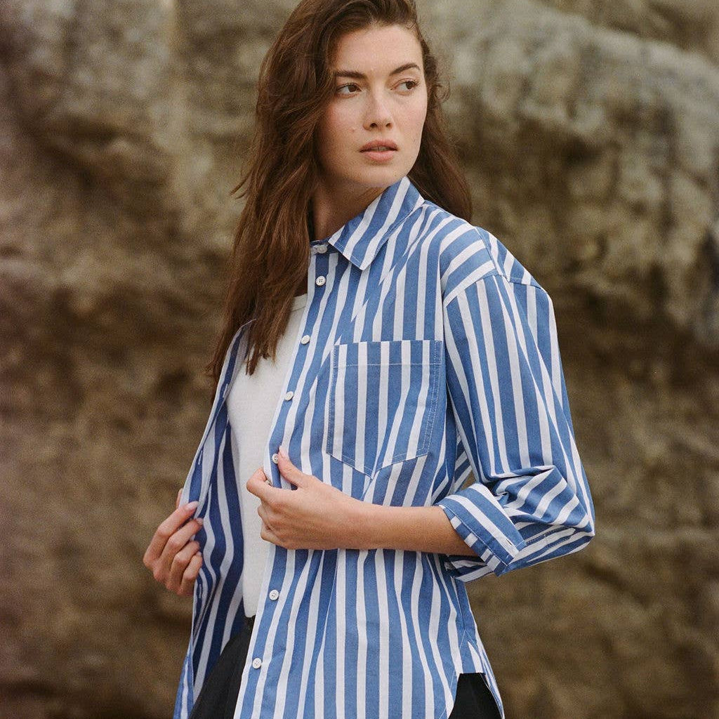 AR1050 | Woven Cotton Striped Button Down Shirt Top