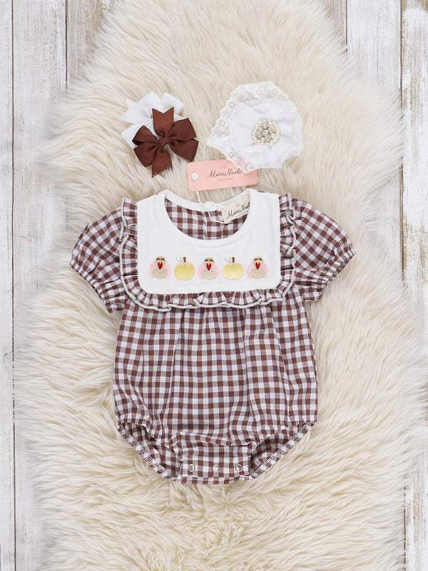 Turkey Flock Gingham Bubble Romper