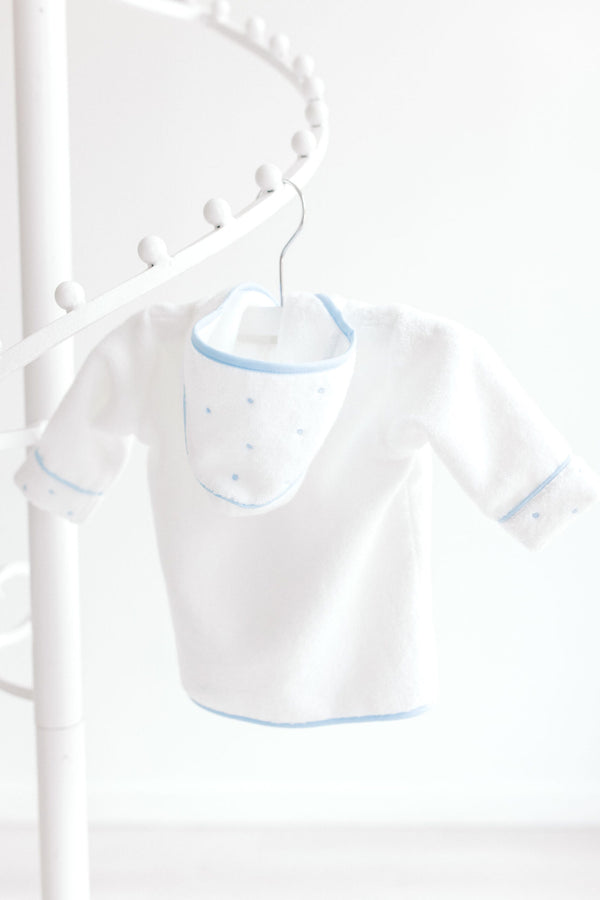 Baby Bathrobe – White with Blue Dots