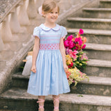 Cassis Blue Short Sleeve Smocked Dress