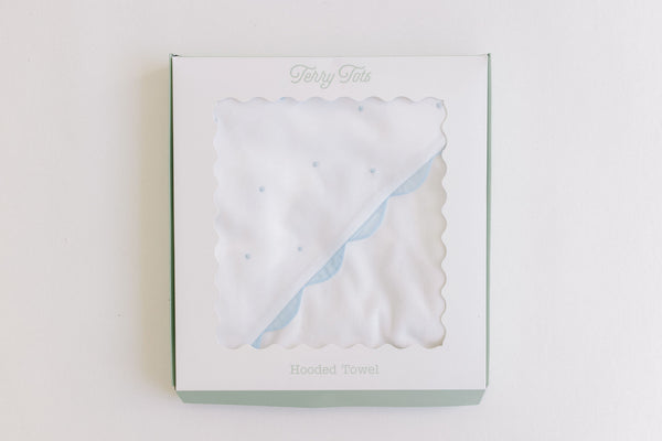 Hooded Towel with Embroidered Dots – Blue or Pink