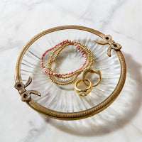 Antique Gold Finish Round Glass Trinket Tray / Dish with Bow Accent