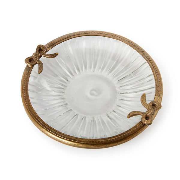 Antique Gold Finish Round Glass Trinket Tray / Dish with Bow Accent