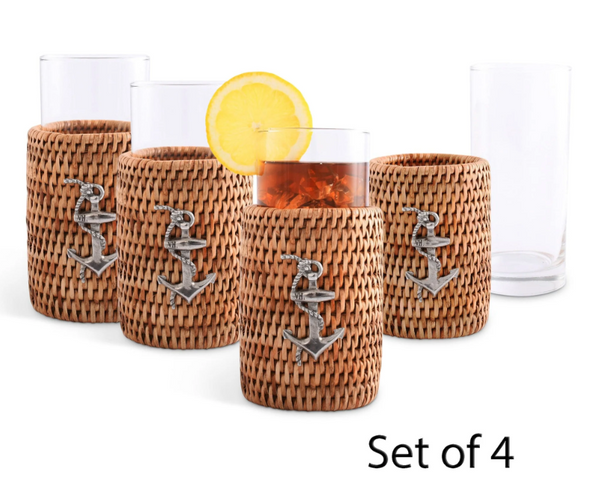 Drinking Glass Covered with Hand Woven Wicker Rattan Set of 4