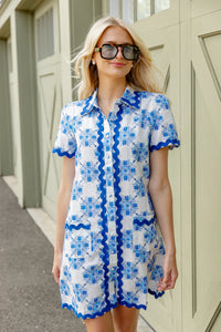 Short Sleeve Shift w/ Ric Rac – Floral Tile