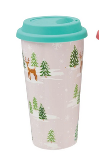 Stoneware Travel Mug with Holiday Scene & Silicone Lid