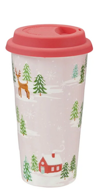 Stoneware Travel Mug with Holiday Scene & Silicone Lid