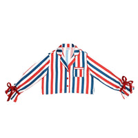 Long Sleeve Cropped Ruffled Top + Ruffled Short PJ Set with Velvet Ties - Red, White + Blue Stripe