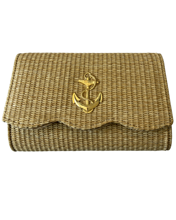 Scalloped Ruby Straw Clutch- Gold Anchor Charm