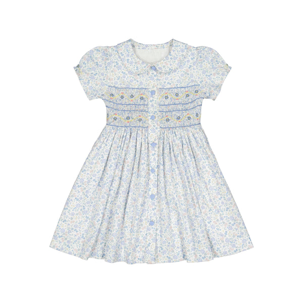 Violette Floral Blue Short Puff Smocked Dress