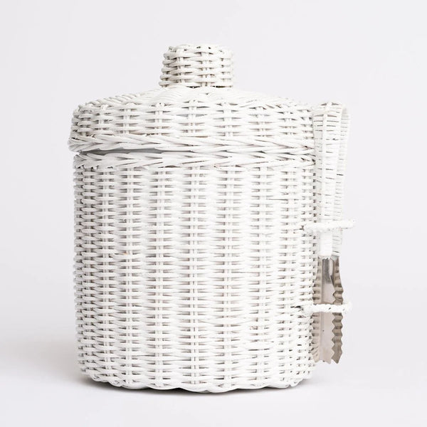 White Wicker Lidded Ice Bucket with Tong