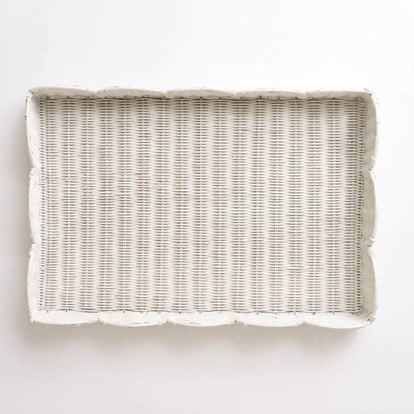 White Wicker Scalloped Rectangle Tray