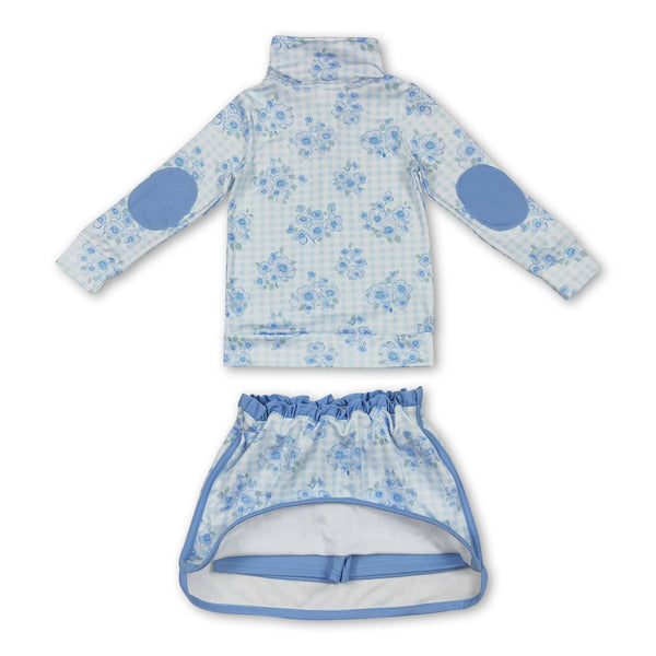 Long sleeves light blue floral pullover skirt girls clothes