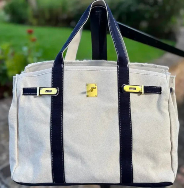Canvas Tote Bag w/ Gold Buckle Hardware - Navy Trim  