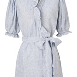 Railroad Mini Wrap Dress - Blue Stripe Linen by Kate Leigh