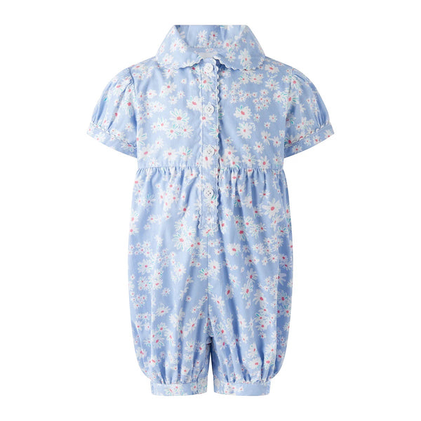 Bobbie's Shoppe blue cotton babysuit with allover daisy print, classic collar, and button-front closure.